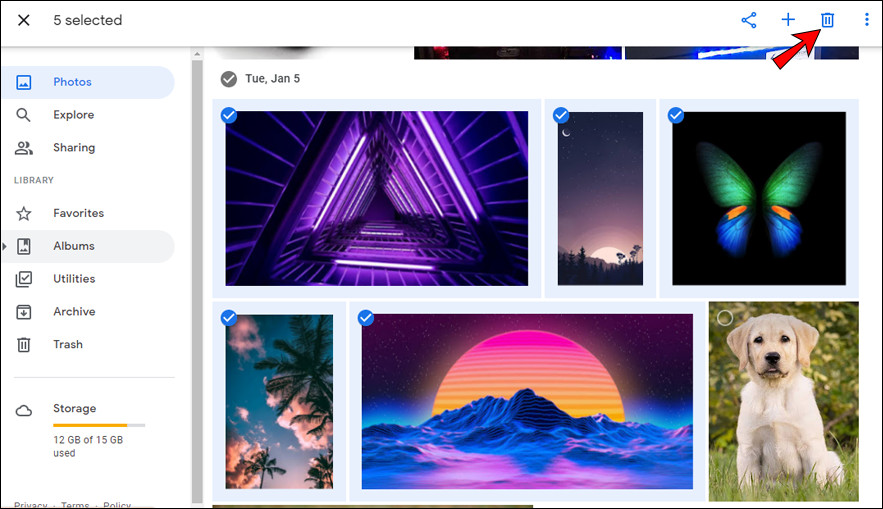 Clicking the trash can icon to delete selected photos