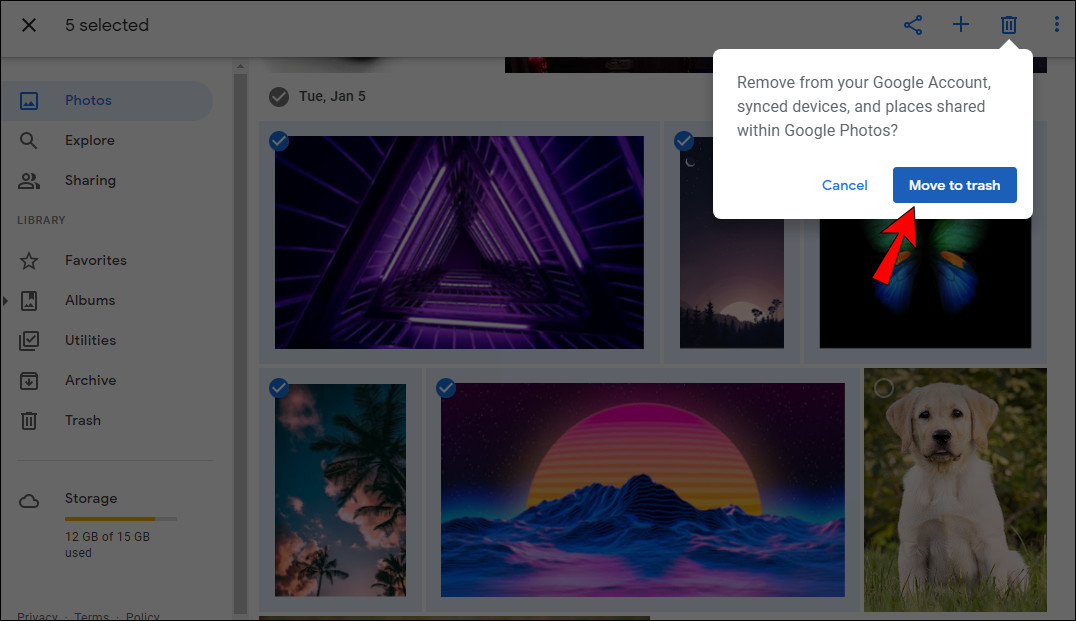 Confirming the deletion of selected photos