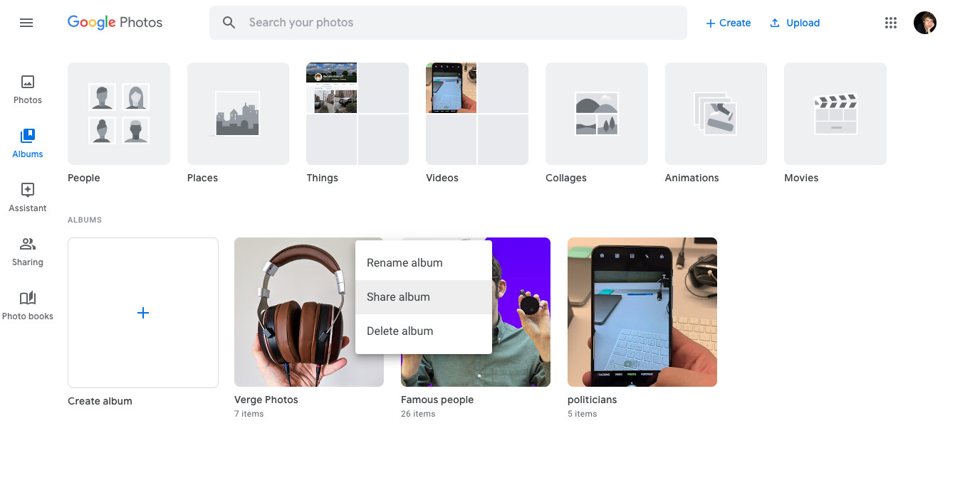 Accessing the albums section on Google Photos website