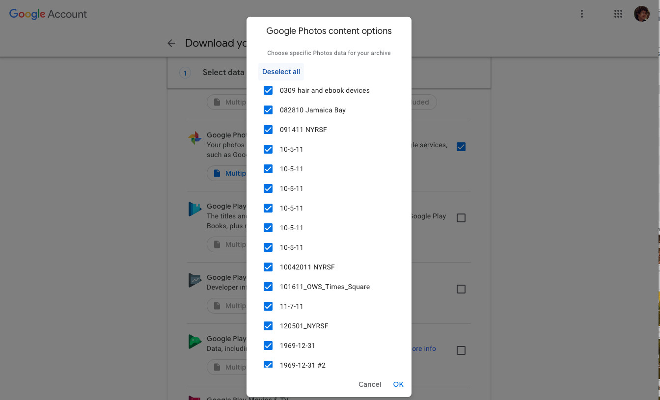 Choosing which albums to include in the Google Takeout download