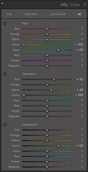 Lightroom HSL panel settings for car photo editing, showing individual color adjustments