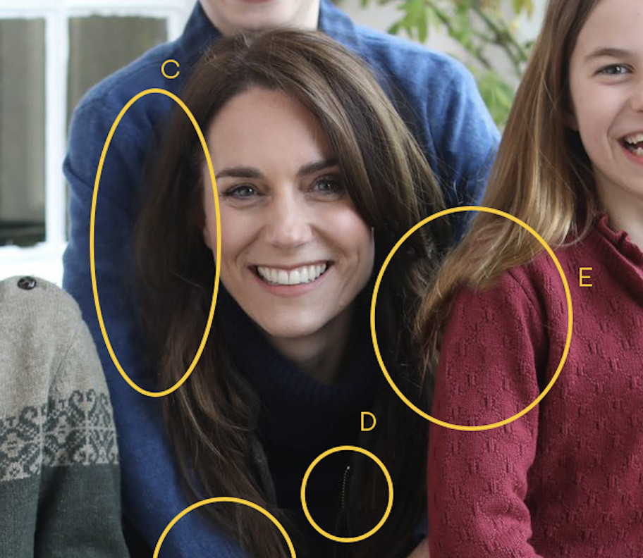 There’s something strange going on with Kate’s hair in C, and similarly, the texture of Charlotte’s sweater and hair changes in E. The zipper on Kate’s jacked is misaligned in D.