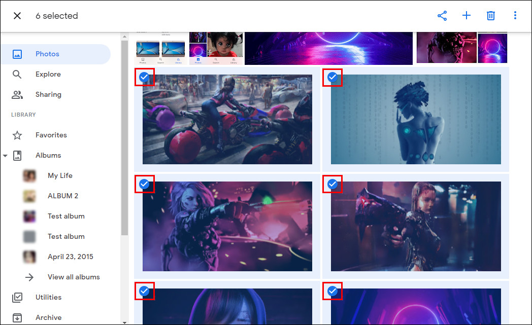 Selecting multiple photos in Google Drive by holding down the Shift key