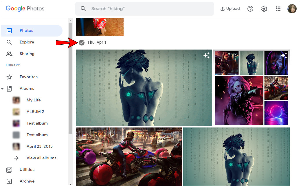 Selecting photos by date on Google Drive using the date checkmark
