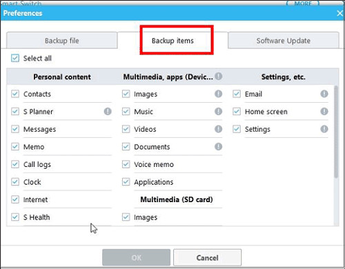 select backup items
