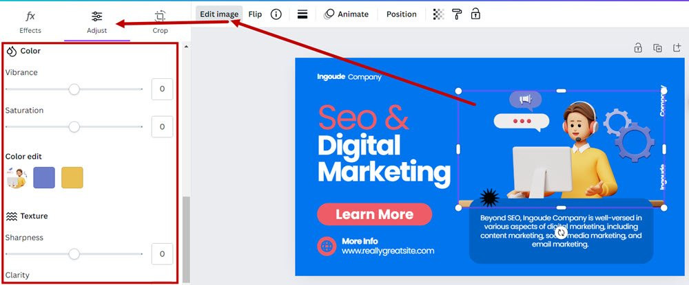 Select 'Edit image then click 'Adjust and scroll down to see Color Edit