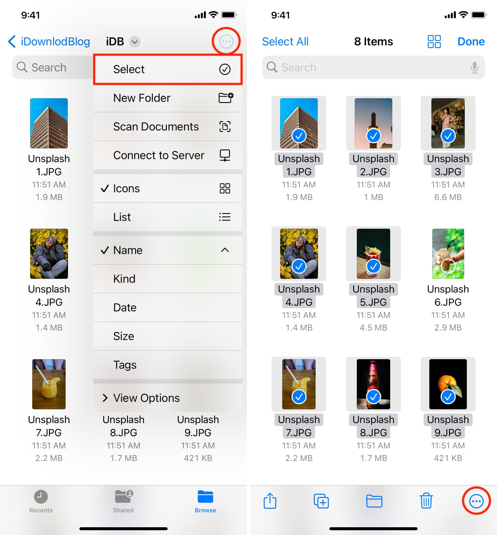 Select images in Files app and tap the more button