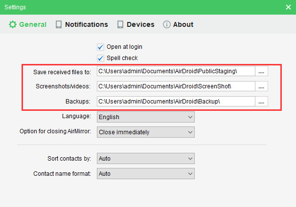 Selecting Output Folder in AirDroid Settings