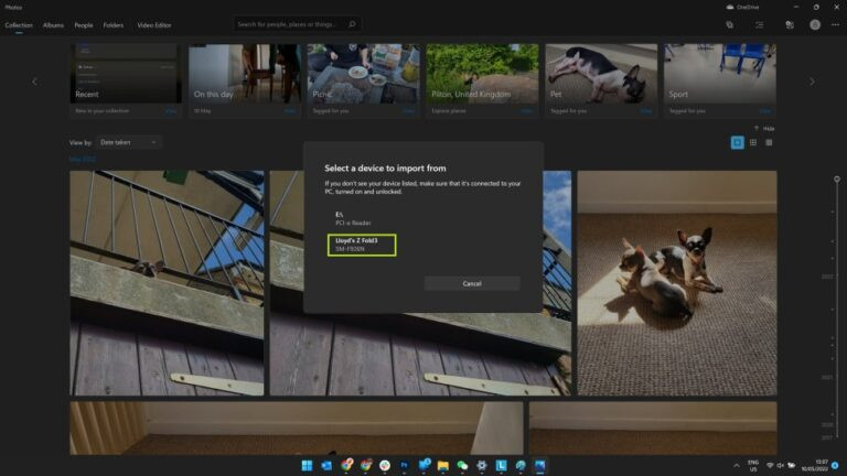 Selecting Android Device for Photo Import in Microsoft Photos