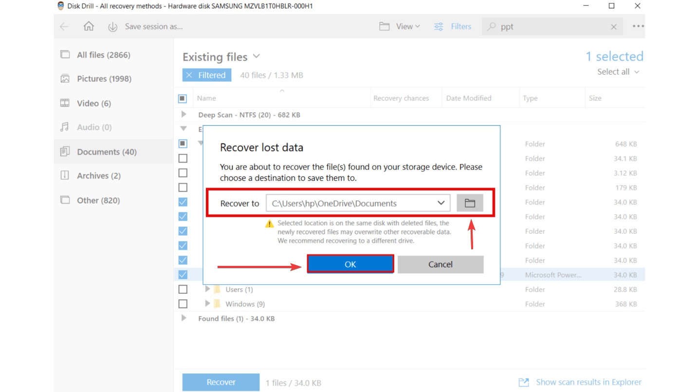 Selecting destination for saving recovered Myspace files with Disk Drill