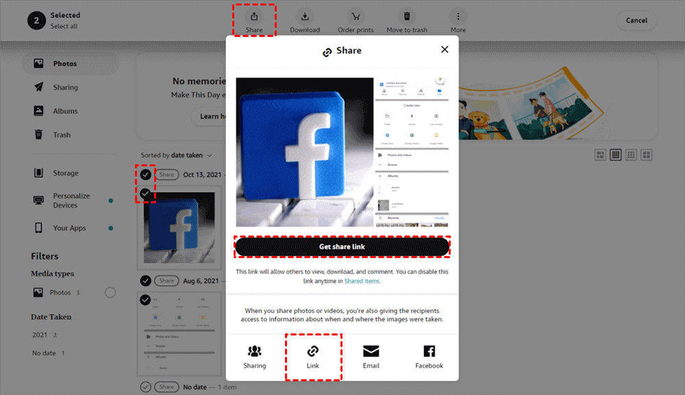 Amazon Photos Interface Showing Sharing Options