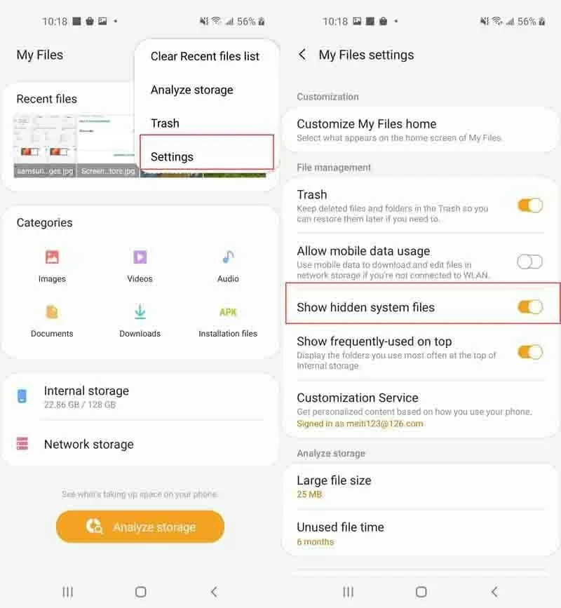 Showing hidden system files in a file manager app on an Android device to find .nomedia files
