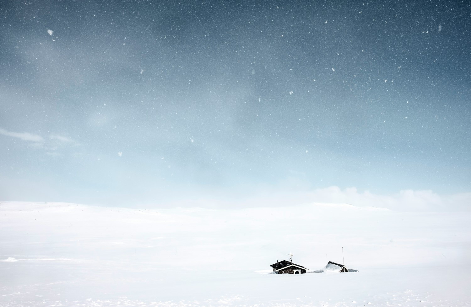 Snowy landscape in various lighting conditions, including sunny and cloudy weather