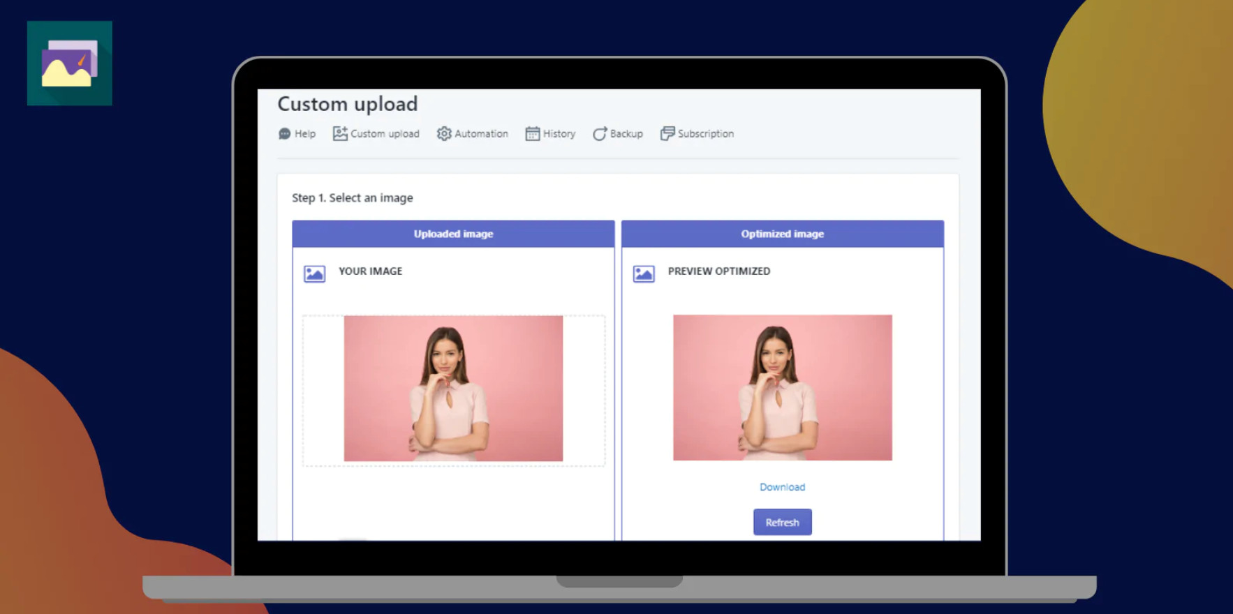 Promotional screenshot of an image optimizer tool by Squirai