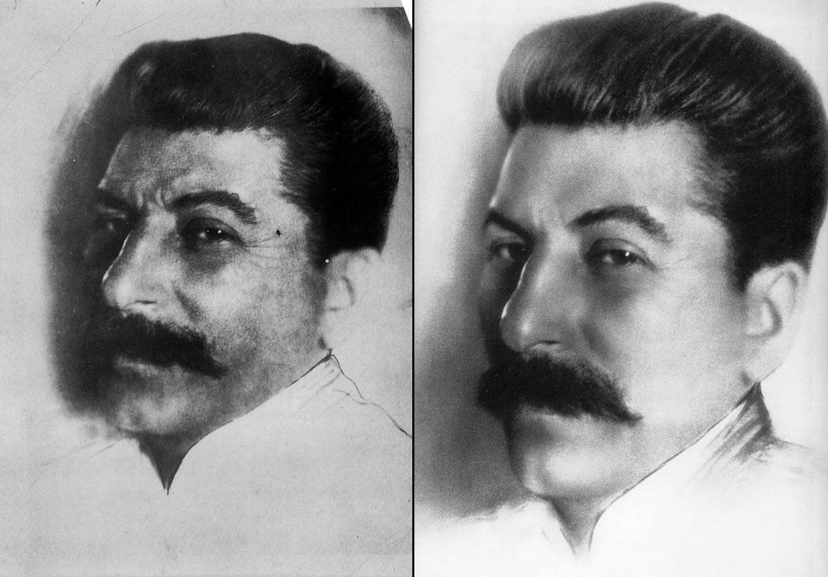 The original picture from 1924 doesn’t do a very good job at concealing his pockmarked skin, the result of suffering from smallpox as a child. It comes as no surprise that a printed version of this photo, published in 1939, when Stalin was an almighty leader, was seriously retouched – as you can see, his skin is smooth, his hair and mustache silky.