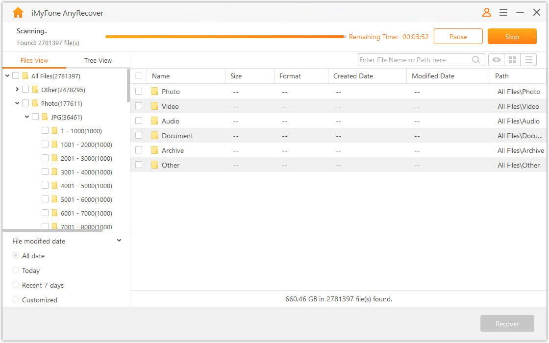 Start the scanning process in AnyRecover