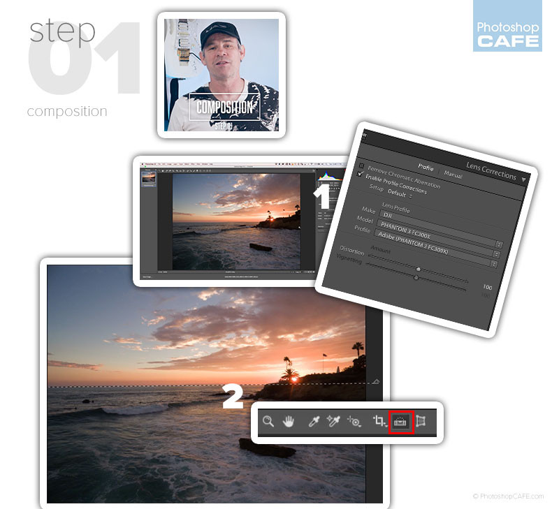 Composition adjustments in Photoshop, straightening a landscape photo