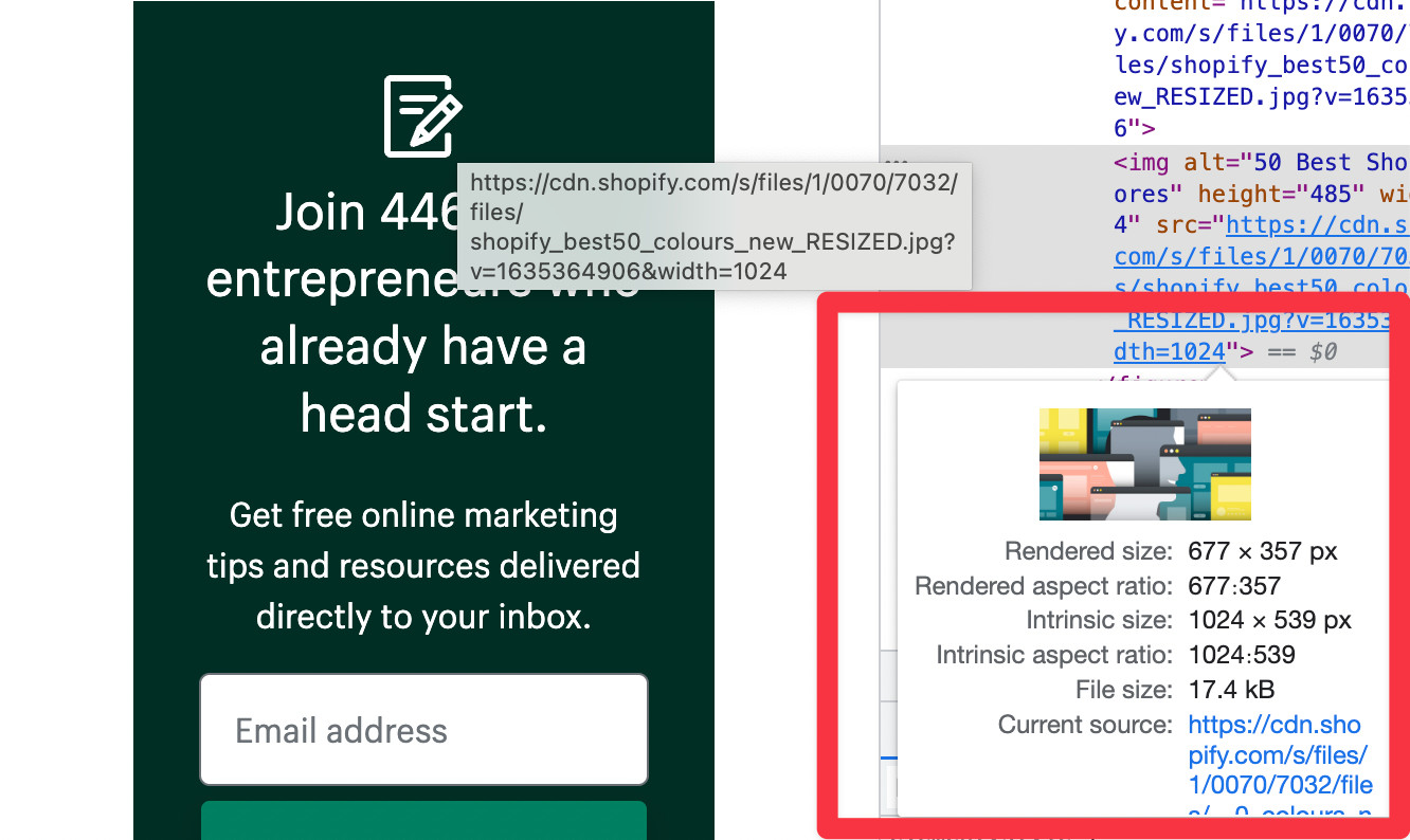A browser’s Inspect tab shows image information, such as aspect ratio and file size