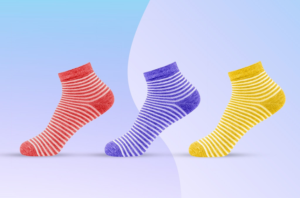 Three striped socks in red, purple, and yellow colors displayed on a gradient blue background.