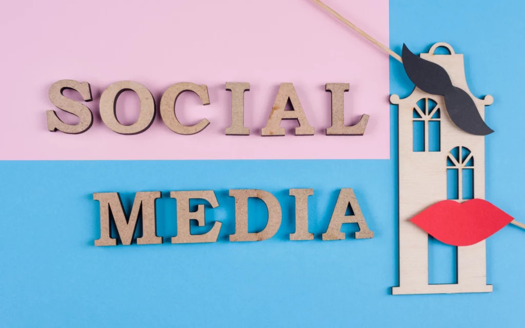 Social media text abstract wooden letters representing content sharing on platforms like Instagram