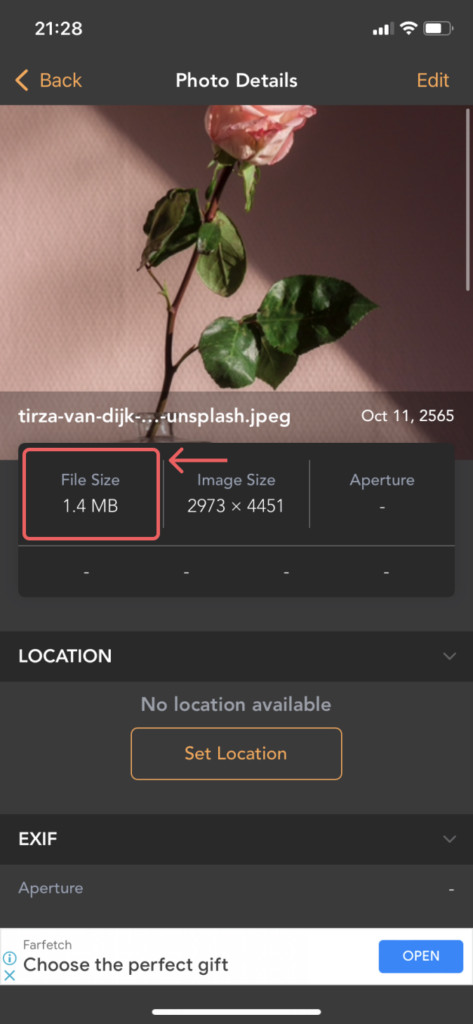 Image Size on EXIF Metadata App