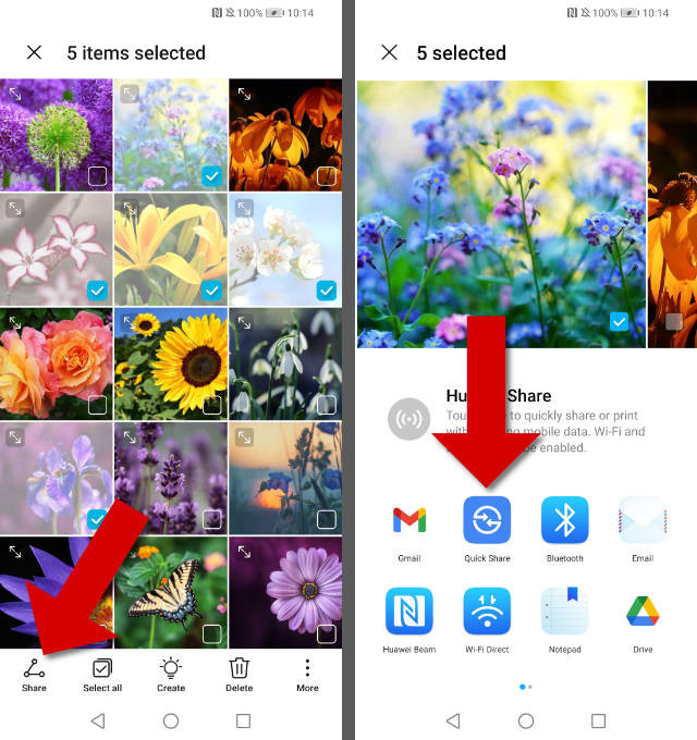 Transfer photos from Android to Android using Nearby Share, demonstrating the Share menu with the Quick Share option highlighted.