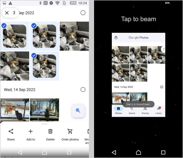 Transfer photos with Android Beam, demonstrating the Tap to Beam option on the screen.