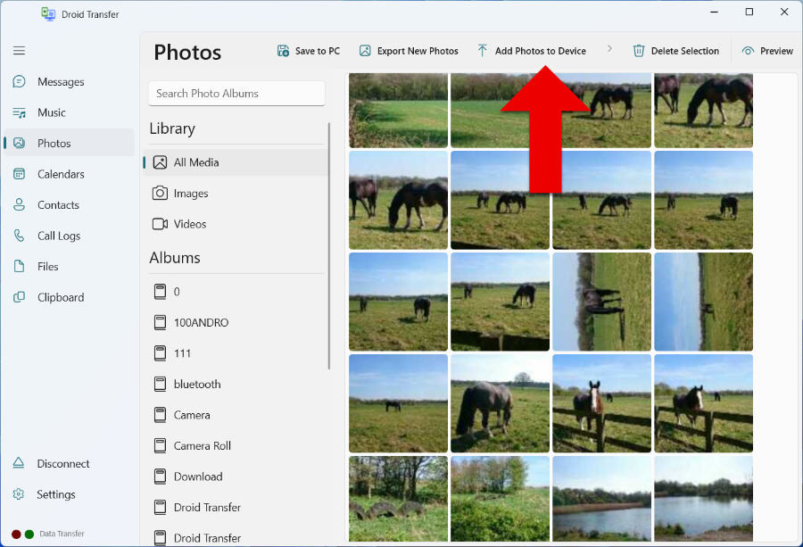 Transfer photos from PC to Android using Droid Transfer, showcasing the interface and options for adding photos.