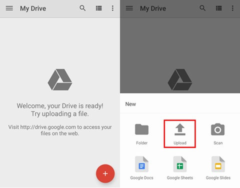 Google Drive interface showing options to upload and download files, including photos