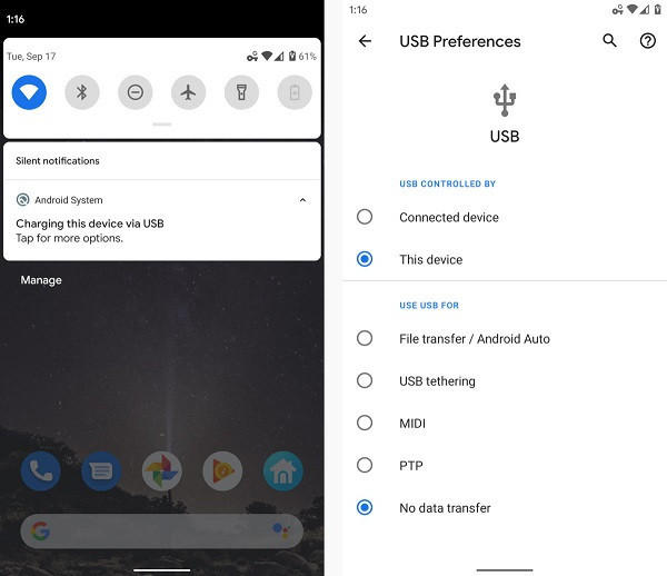 Connect Google Pixel to computer via USB cable for photo transfer, showing the notification prompt on the Pixel screen