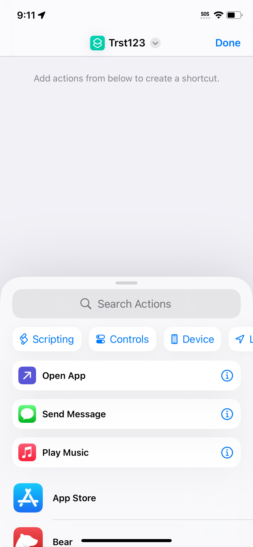 A list of actions available to attach to a new icon using the Shortcuts app