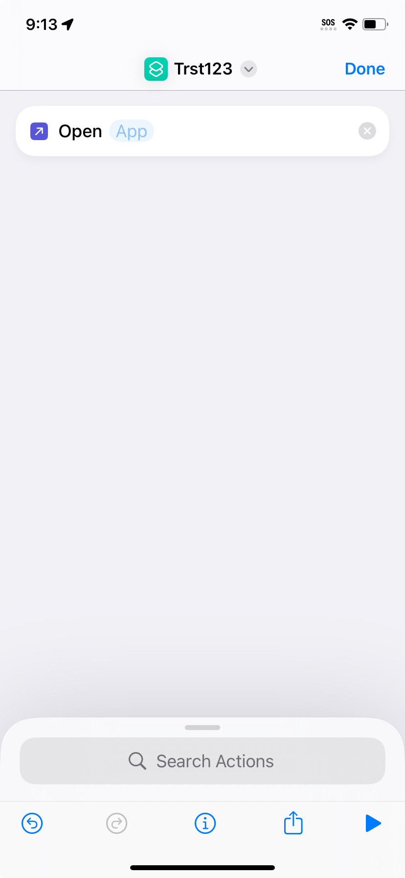 iPhone screen showing &quot;Open App&quot; at the top of the Shortcuts actions list