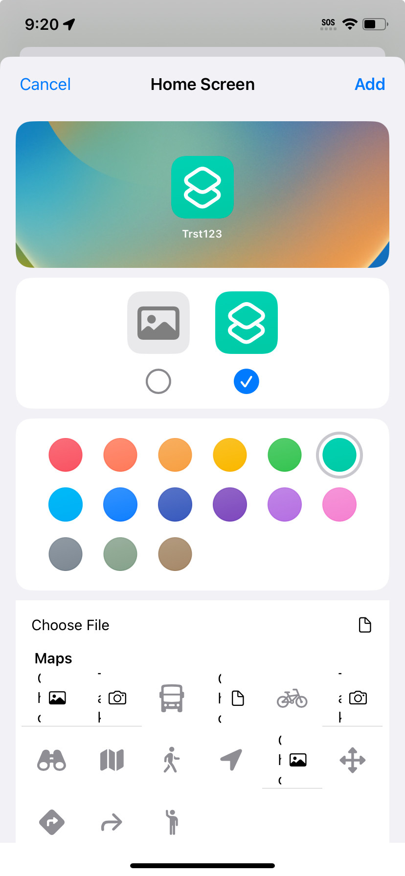 Home Screen preview with a generic icon above, ready to be customized with colored circles and icons below
