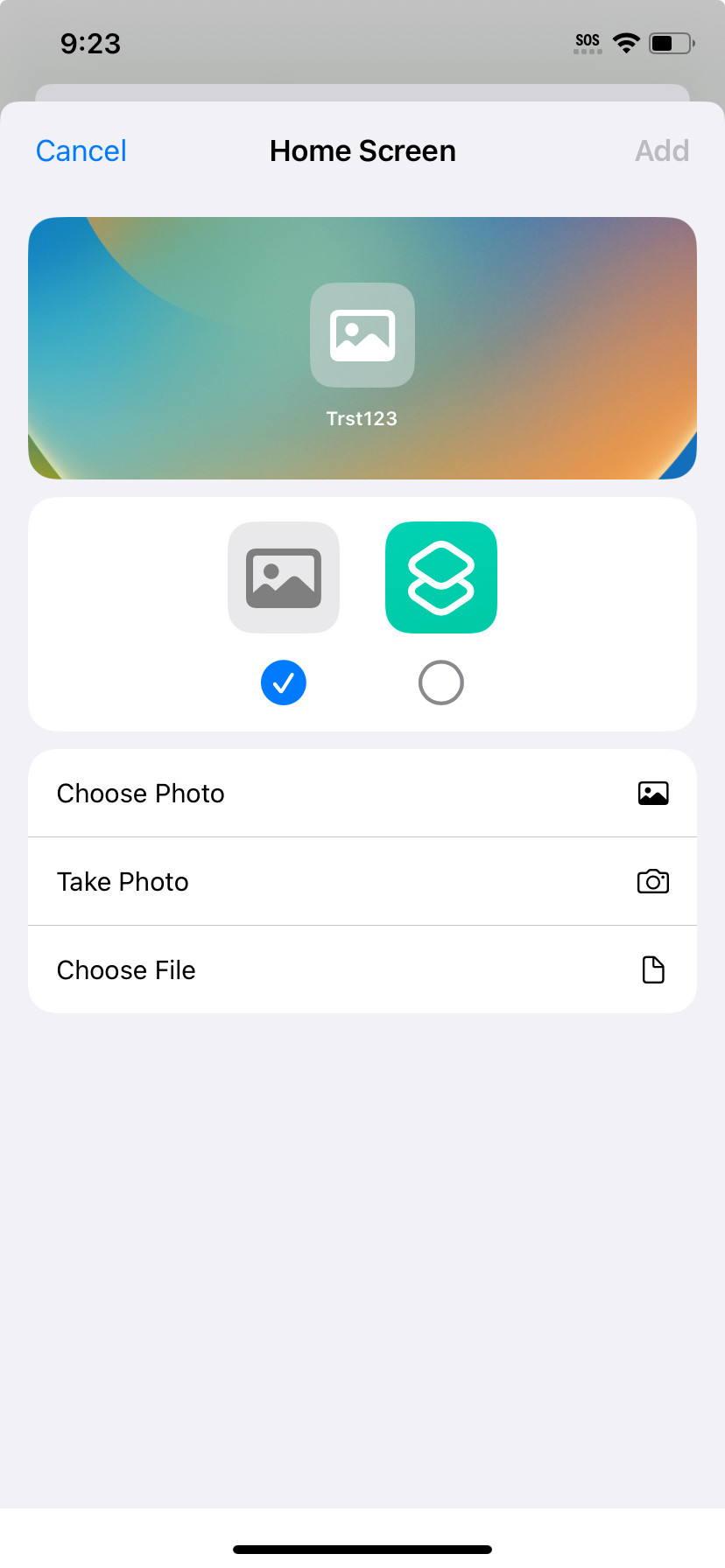 Options to Choose Photo, Take Photo, and Choose File for customizing the app icon