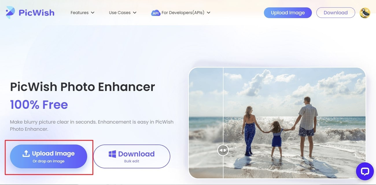 Tap on the upload image button to upload the image on PicWish online tool