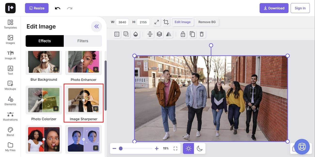 Use image sharpener effect on Pixelied online tool