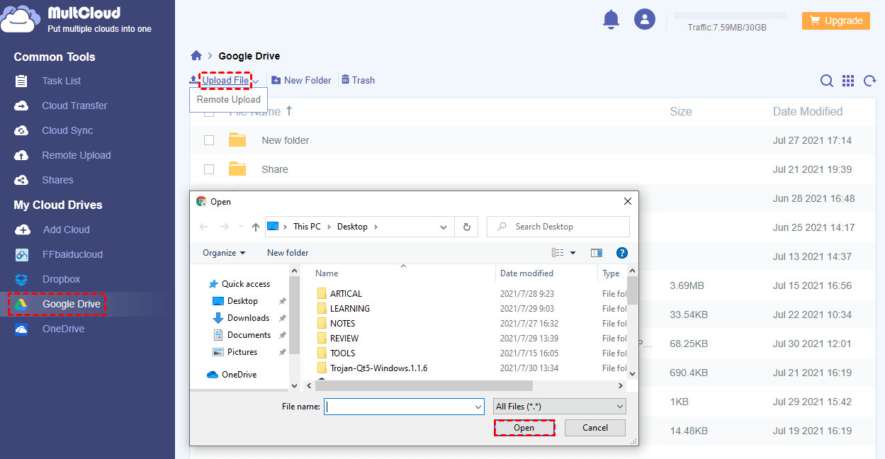 MultCloud Upload to Google Drive