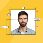 US passport photo requirements illustrated. It displays a person’s head perfectly centered, sized within a 2x2 inch frame, showcasing precise measurements for eye level and face height.