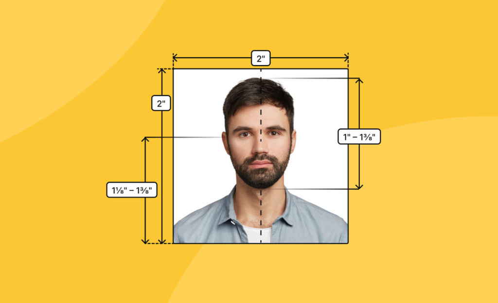 US passport photo requirements illustrated. It displays a person’s head perfectly centered, sized within a 2x2 inch frame, showcasing precise measurements for eye level and face height.
