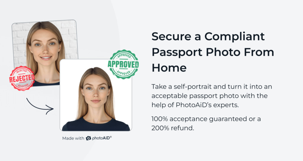 US passport photo verified with PhotoAiD against official requirements.