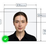 US passport picture requirements showing correct photo size, head dimensions, and facial alignment with 2x2 inch template and approval checkmark.