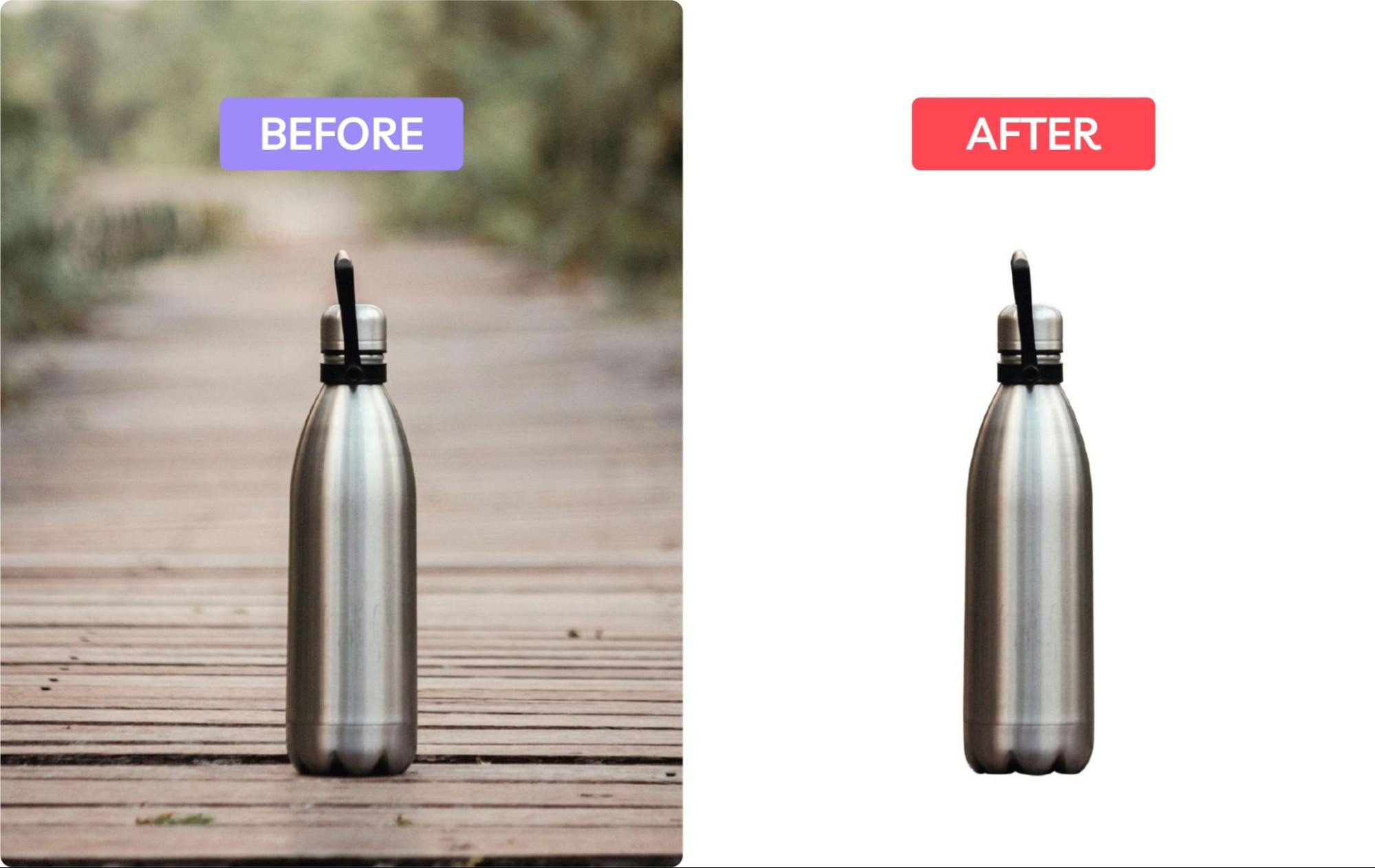 Stainless steel water bottle on a wooden background labeled 