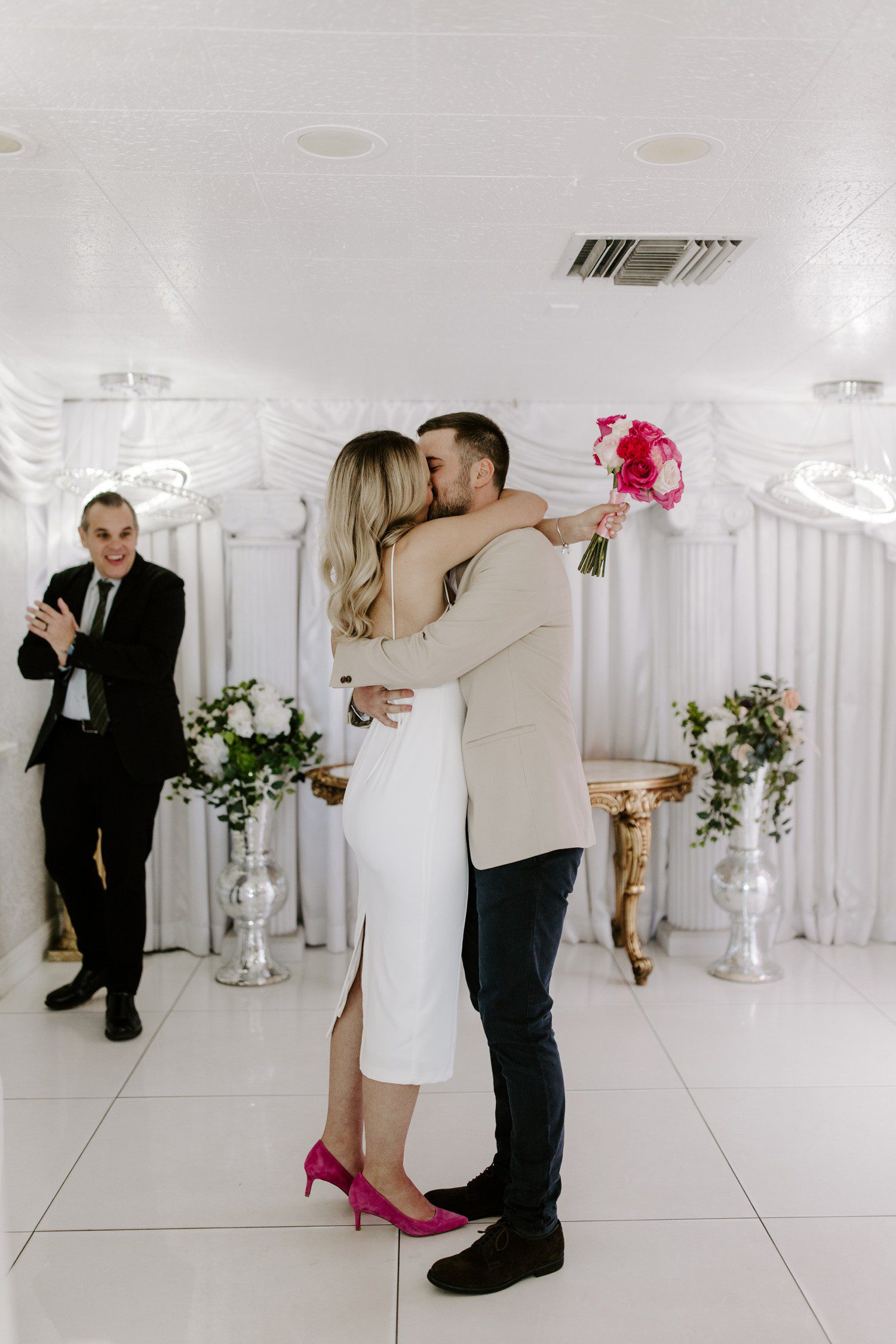 Just married kiss at wedding chapel in Las Vegas, a timeless symbol of love and commitment