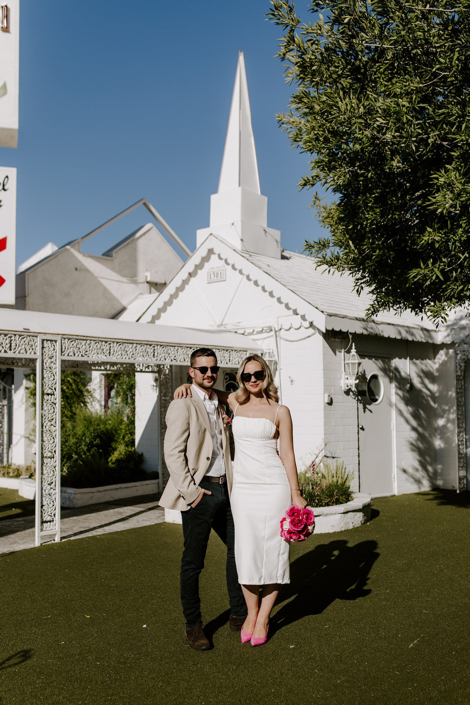 Wedding photos outside of A Little White Chapel, emphasizing the couple's happiness and the iconic location