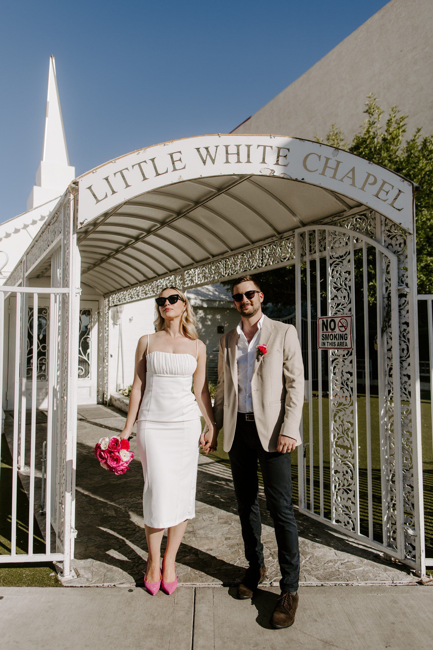 Bride and groom photos at A Little White Chapel in Las Vegas, highlighting their connection and the venue's charm