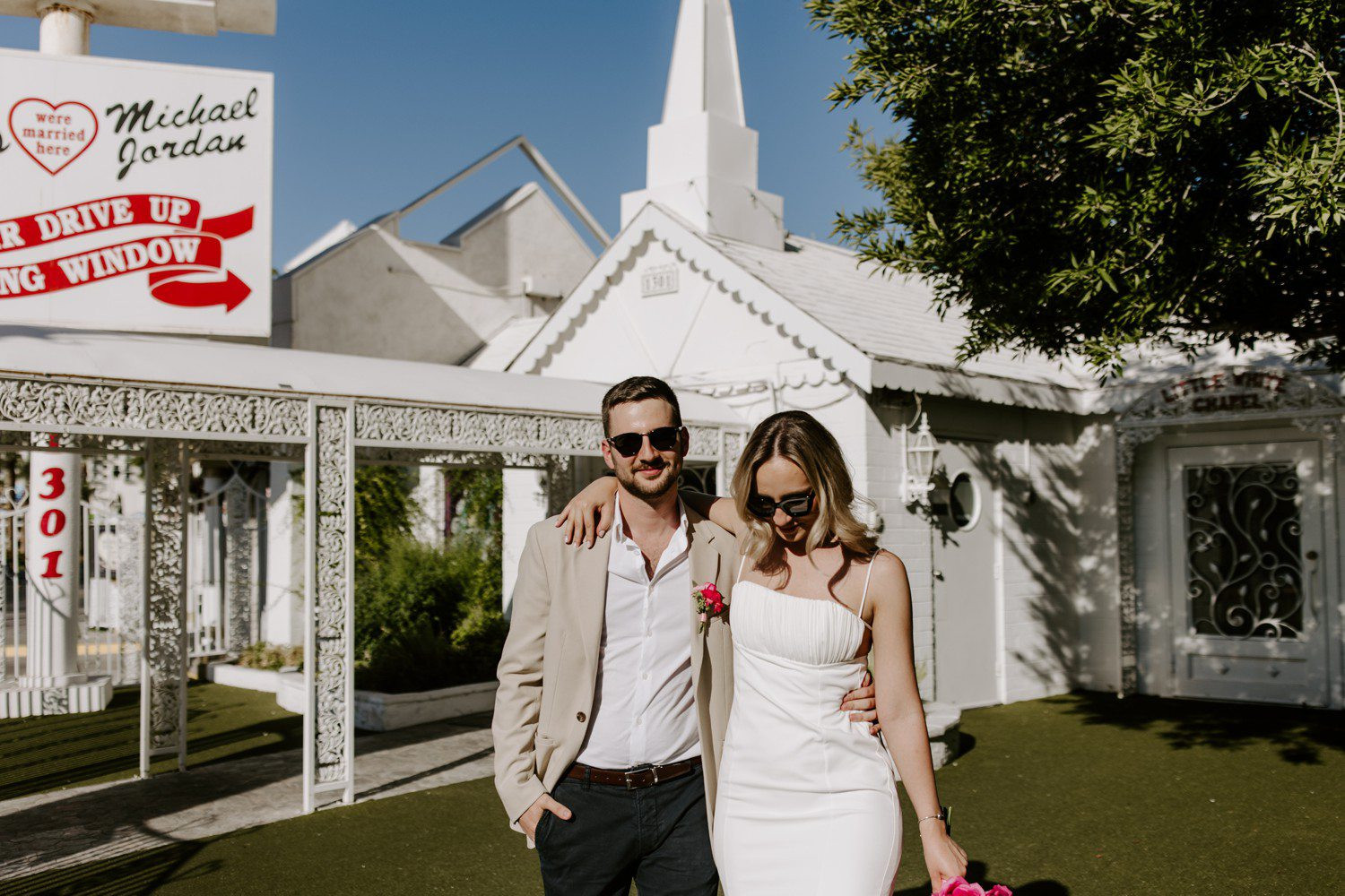 Couple walking together after eloping at A Little White Chapel, capturing the romance and excitement of their new beginning