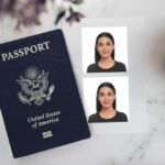 Printed sheet with two passport photos placed beside a U.S. passport and camera, illustrating a typical setup for where to print passport photos at home or a local service.