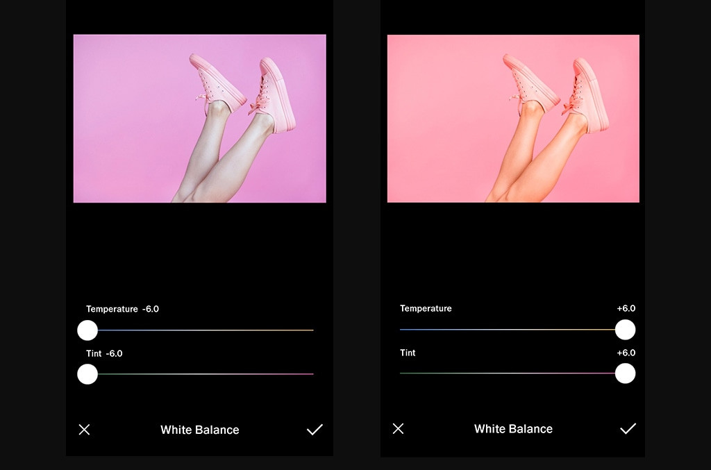 Comparison of white balance adjustment for pink shoes, showing cooler and warmer temperature and tint settings.