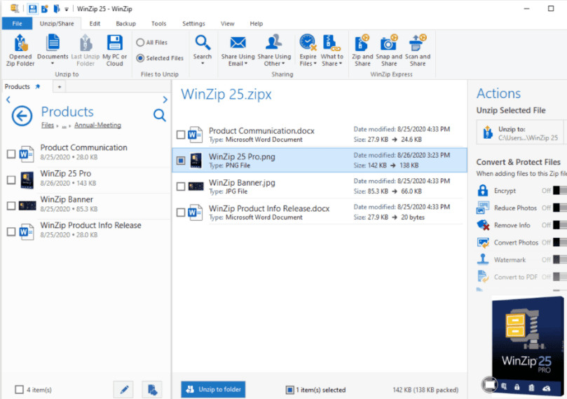 WinZip showing the option to add files to a zip archive for compression