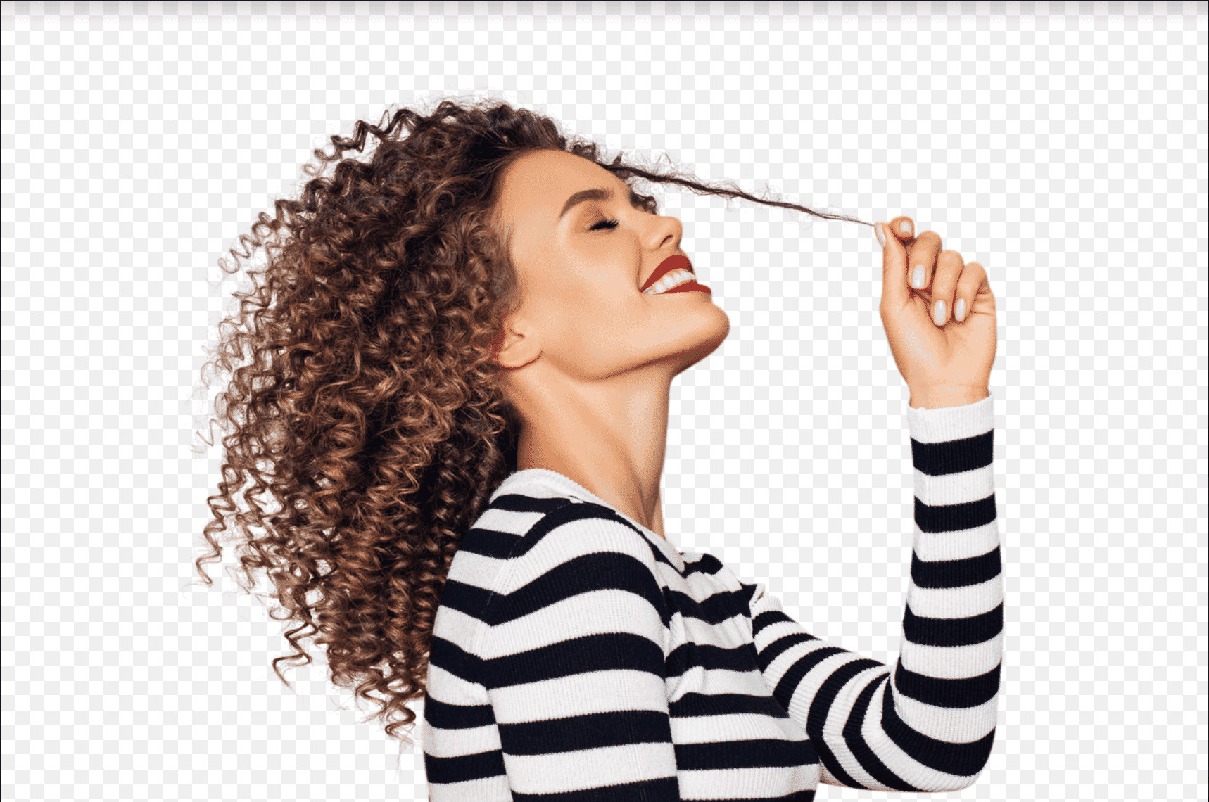 Smiling woman with curly hair in a striped top, isolated on a transparent background.